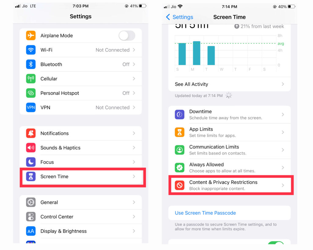 iphone screen time screenshot, iphone content & privacy restriction screenshot,